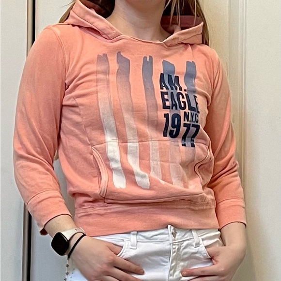Vintage American Eagle Salmon Color 3/4 Sleeve Graphic Hoodie Women’s Size Small - Picture 13 of 14